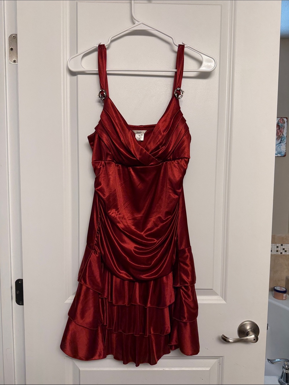 Red Tiered Evening Mini Dress with Embellished Straps